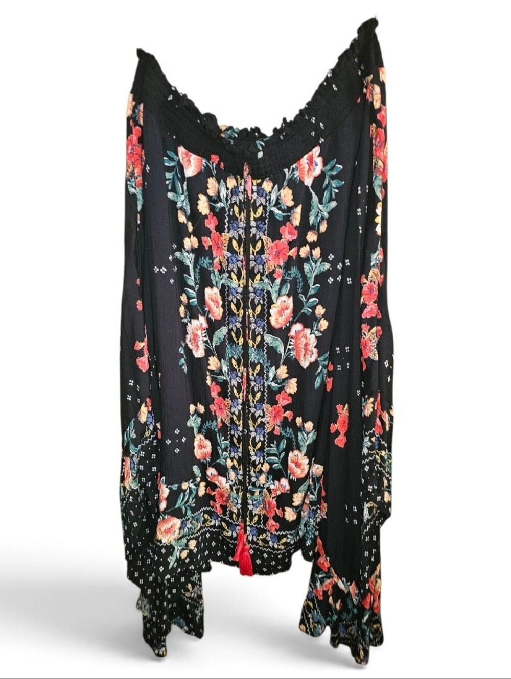 LOLA P. Black Floral Asymmetrical Drawstring Waist Flowy Boho Skirt - XL